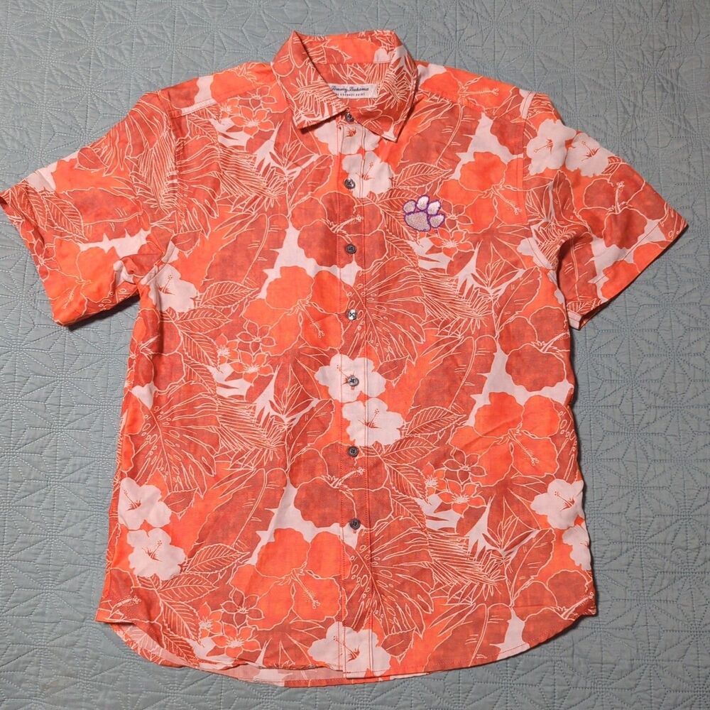 Tommy Bahama Clemson Men's S Orange Coconut Point Playa Flora Short Sleeve Camp